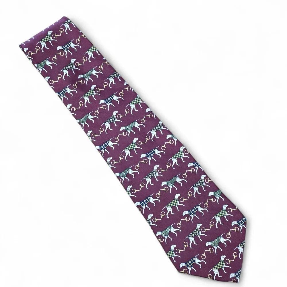 Vtg 90s Tommy Hilfiger Silk Tie Burgundy Hunting Dog Equestrian Crest USA Made